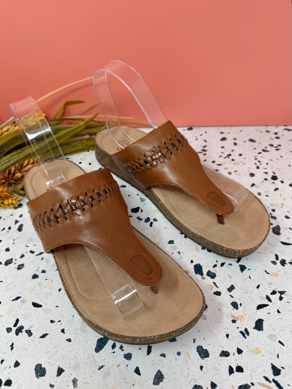 Clarks Un Perri Vibe Brown Leather Thong Wedge Comfort Sandals Sz 8.5